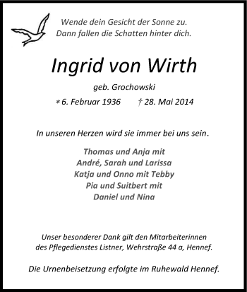 Anzeige von Ingrid von Wirth von Kölner Stadt-Anzeiger / Kölnische Rundschau / Express