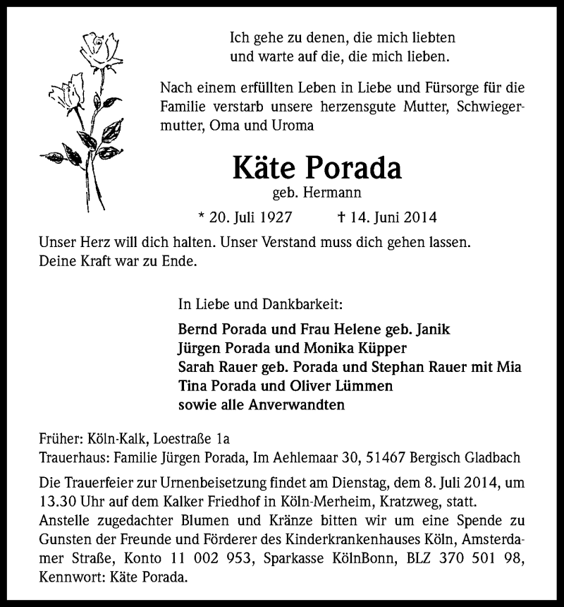  Traueranzeige für Käte Porada vom 28.06.2014 aus Kölner Stadt-Anzeiger / Kölnische Rundschau / Express