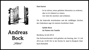 Anzeige von Andreas Bock von Kölner Stadt-Anzeiger / Kölnische Rundschau / Express