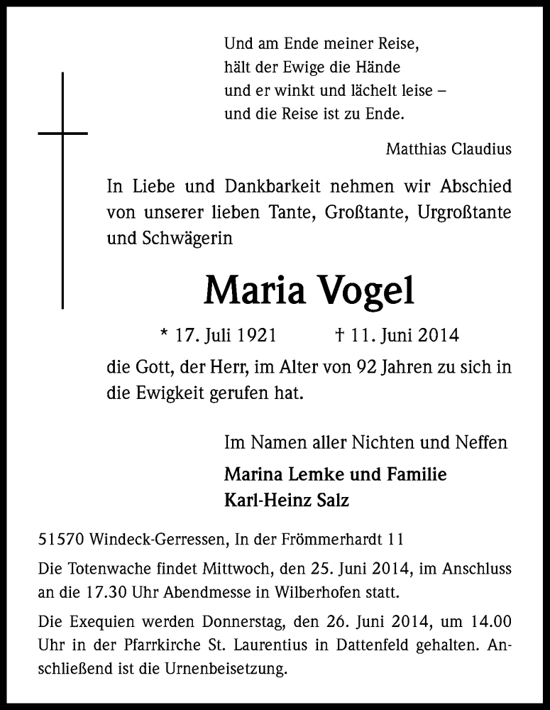  Traueranzeige für Maria Vogel vom 23.06.2014 aus Kölner Stadt-Anzeiger / Kölnische Rundschau / Express