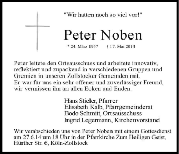 Anzeige von Peter Noben von Kölner Stadt-Anzeiger / Kölnische Rundschau / Express