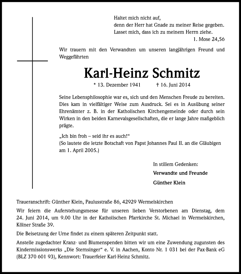  Traueranzeige für Karl-Heinz Schmitz vom 21.06.2014 aus Kölner Stadt-Anzeiger / Kölnische Rundschau / Express