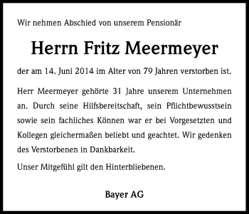 Anzeige von Fritz Meermeyer von Kölner Stadt-Anzeiger / Kölnische Rundschau / Express