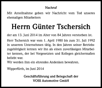 Anzeige von Günter Tschersich von Kölner Stadt-Anzeiger / Kölnische Rundschau / Express