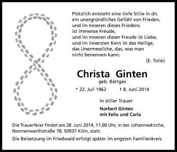 Anzeige von Christa Ginten von Kölner Stadt-Anzeiger / Kölnische Rundschau / Express