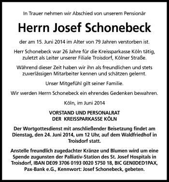Anzeige von Josef Schonebeck von Kölner Stadt-Anzeiger / Kölnische Rundschau / Express