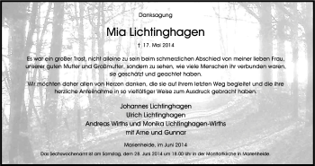 Anzeige von Mia Lichtinghagen von Kölner Stadt-Anzeiger / Kölnische Rundschau / Express
