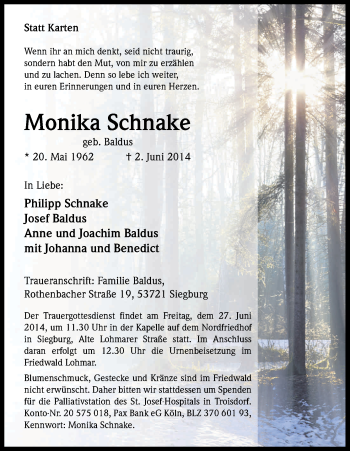 Anzeige von Monika Schnake von Kölner Stadt-Anzeiger / Kölnische Rundschau / Express