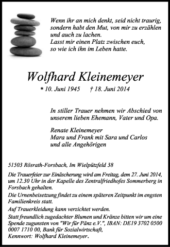 Anzeige von Wolfhard Kleinemeyer von Kölner Stadt-Anzeiger / Kölnische Rundschau / Express