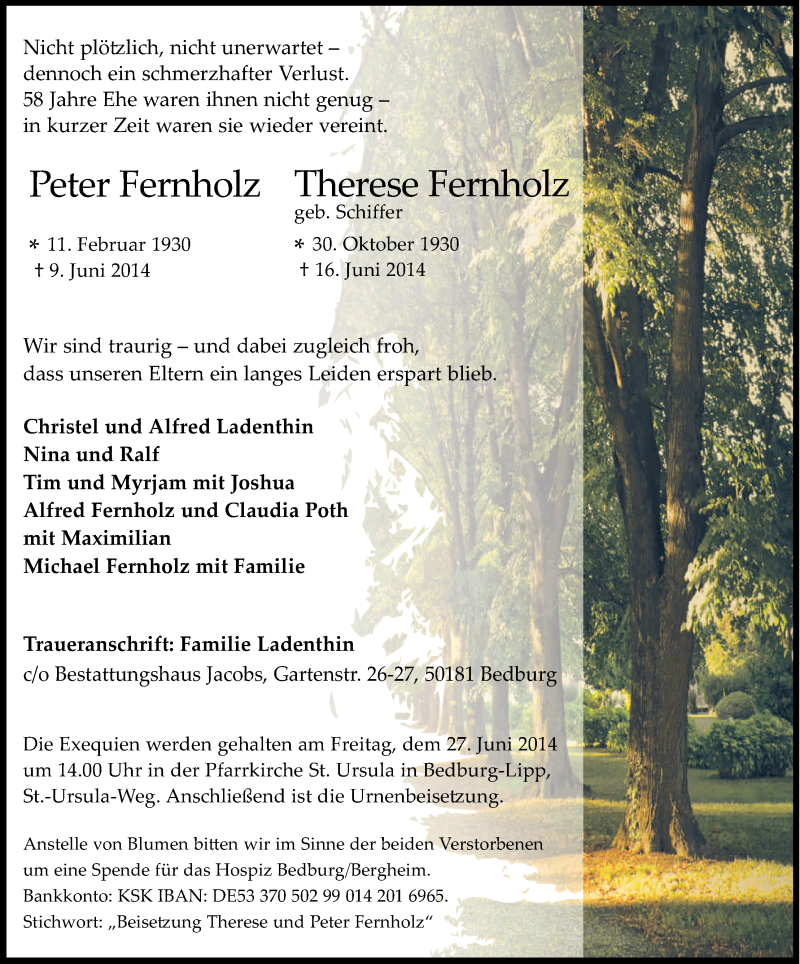  Traueranzeige für Peter und Therese Fernholz vom 21.06.2014 aus Kölner Stadt-Anzeiger / Kölnische Rundschau / Express