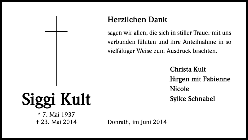  Traueranzeige für Siggi Kult vom 21.06.2014 aus Kölner Stadt-Anzeiger / Kölnische Rundschau / Express