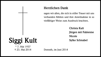 Anzeige von Siggi Kult von Kölner Stadt-Anzeiger / Kölnische Rundschau / Express
