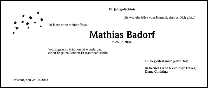  Traueranzeige für Mathias Badorf vom 21.06.2014 aus Kölner Stadt-Anzeiger / Kölnische Rundschau / Express