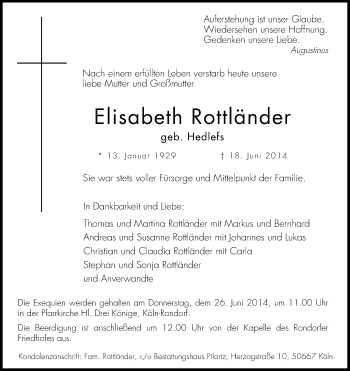 Anzeige von Elisabeth Rottländer von Kölner Stadt-Anzeiger / Kölnische Rundschau / Express