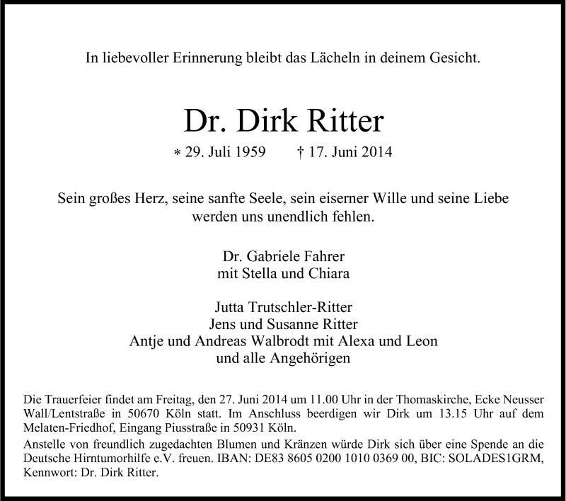  Traueranzeige für Dirk Ritter vom 21.06.2014 aus Kölner Stadt-Anzeiger / Kölnische Rundschau / Express