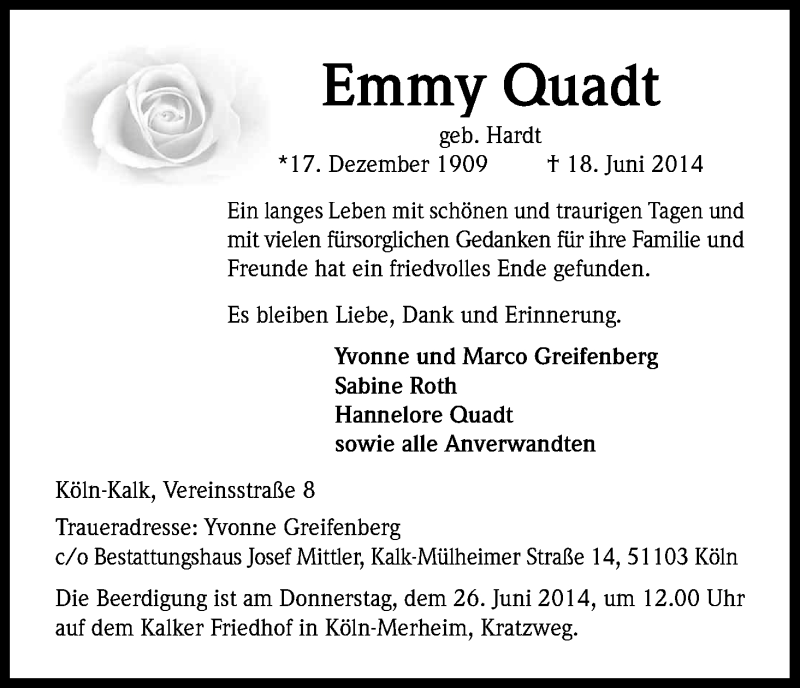  Traueranzeige für Emmy Quadt vom 21.06.2014 aus Kölner Stadt-Anzeiger / Kölnische Rundschau / Express