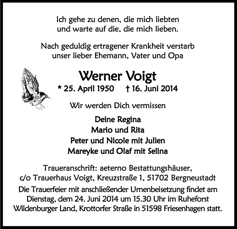  Traueranzeige für Werner Voigt vom 21.06.2014 aus Kölner Stadt-Anzeiger / Kölnische Rundschau / Express