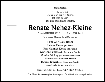 Anzeige von Renate Nehez-Kleine von Kölner Stadt-Anzeiger / Kölnische Rundschau / Express