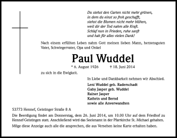 Anzeige von Paul Wuddel von Kölner Stadt-Anzeiger / Kölnische Rundschau / Express
