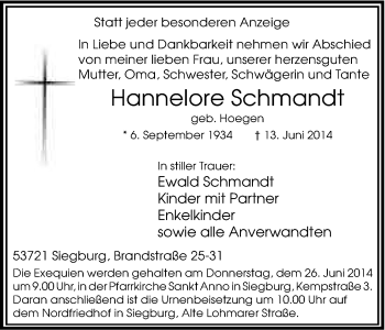Anzeige von Hannelore Schmandt von Kölner Stadt-Anzeiger / Kölnische Rundschau / Express