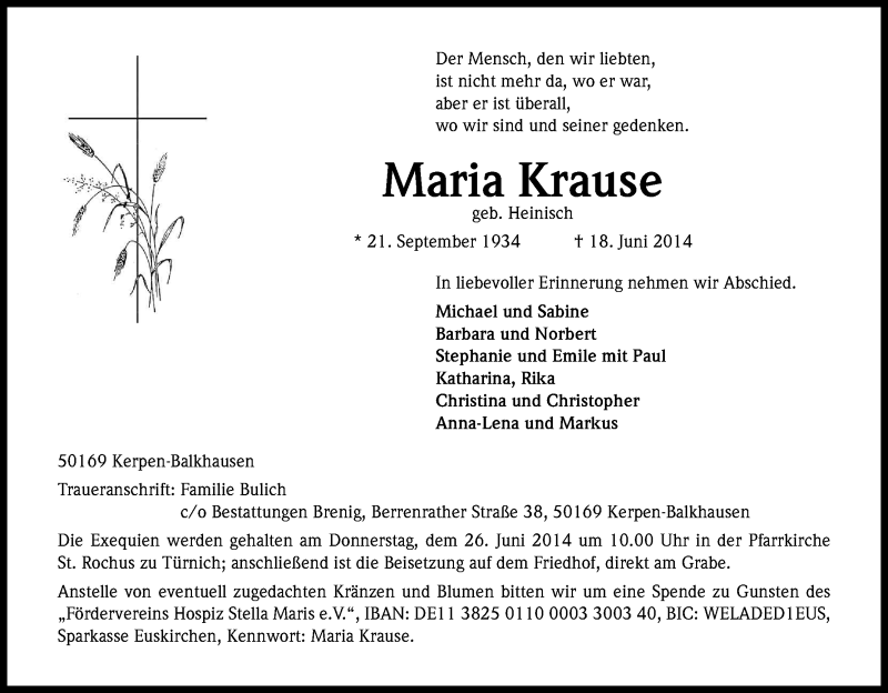  Traueranzeige für Maria Krause vom 21.06.2014 aus Kölner Stadt-Anzeiger / Kölnische Rundschau / Express