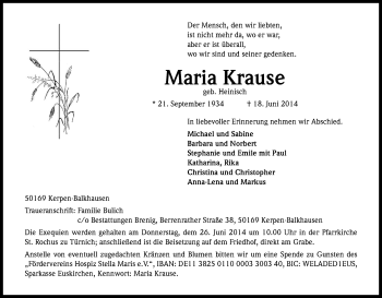 Anzeige von Maria Krause von Kölner Stadt-Anzeiger / Kölnische Rundschau / Express
