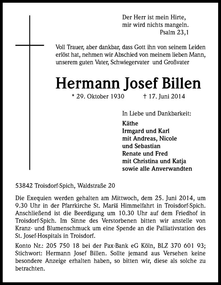  Traueranzeige für Hermann Josef Billen vom 21.06.2014 aus Kölner Stadt-Anzeiger / Kölnische Rundschau / Express