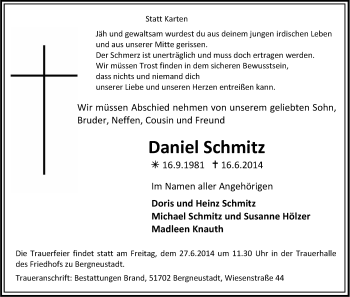 Anzeige von Daniel Schmitz von Kölner Stadt-Anzeiger / Kölnische Rundschau / Express