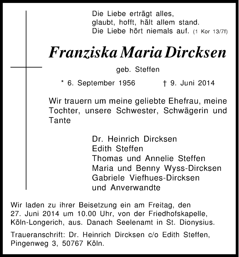  Traueranzeige für Franziska Maria Dircksen vom 21.06.2014 aus Kölner Stadt-Anzeiger / Kölnische Rundschau / Express
