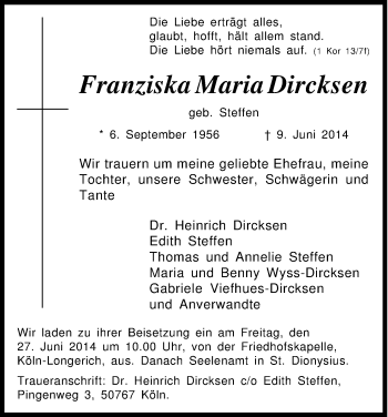 Anzeige von Franziska Maria Dircksen von Kölner Stadt-Anzeiger / Kölnische Rundschau / Express