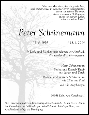 Anzeige von Peter Schünemann von Kölner Stadt-Anzeiger / Kölnische Rundschau / Express