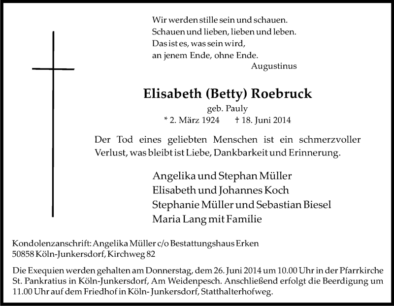  Traueranzeige für Elisabeth Roebruck vom 21.06.2014 aus Kölner Stadt-Anzeiger / Kölnische Rundschau / Express