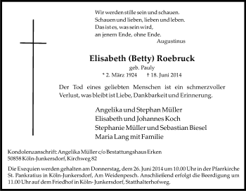 Anzeige von Elisabeth Roebruck von Kölner Stadt-Anzeiger / Kölnische Rundschau / Express