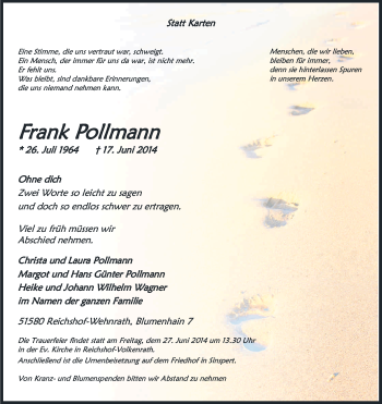 Anzeige von Frank Pollmann von Kölner Stadt-Anzeiger / Kölnische Rundschau / Express