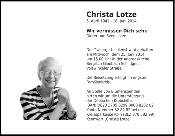 Anzeige von Christa Lotze von Kölner Stadt-Anzeiger / Kölnische Rundschau / Express