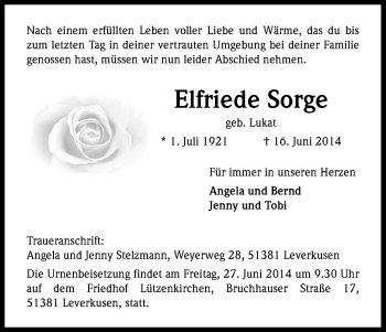 Anzeige von Elfriede Sorge von Kölner Stadt-Anzeiger / Kölnische Rundschau / Express