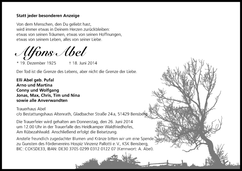  Traueranzeige für Alfons Abel vom 21.06.2014 aus Kölner Stadt-Anzeiger / Kölnische Rundschau / Express