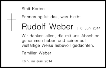 Anzeige von Rudolf Weber von Kölner Stadt-Anzeiger / Kölnische Rundschau / Express
