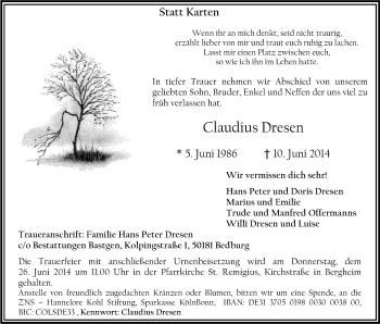 Anzeige von Claudius Dresen von Kölner Stadt-Anzeiger / Kölnische Rundschau / Express