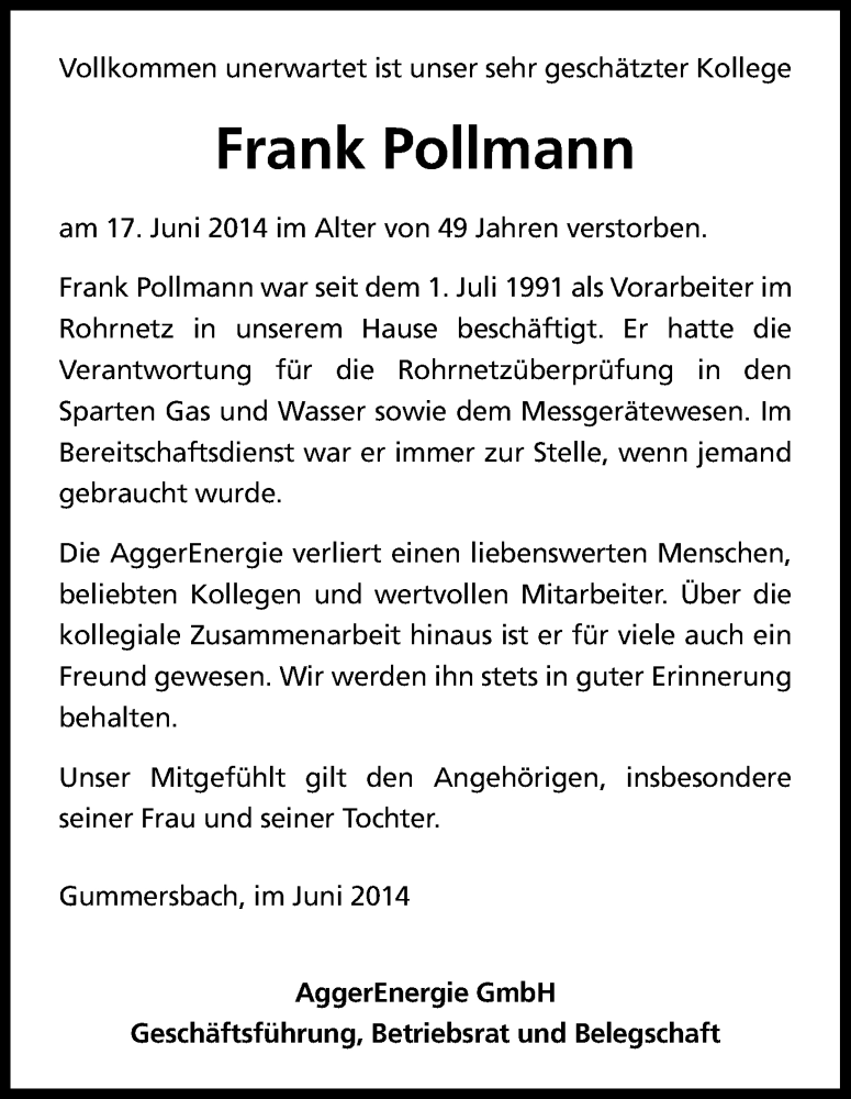  Traueranzeige für Frank Pollmann vom 23.06.2014 aus Kölner Stadt-Anzeiger / Kölnische Rundschau / Express