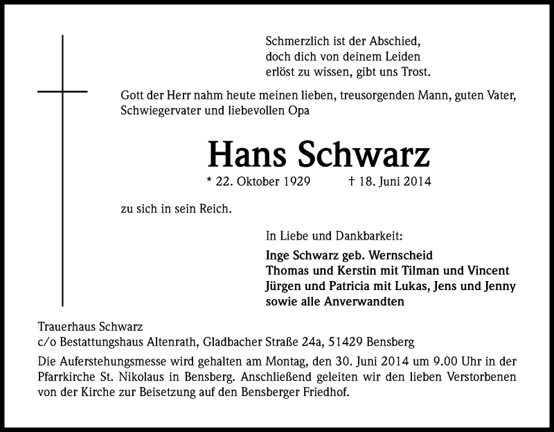 Traueranzeige für Hans Schwarz vom 24.06.2014 aus Kölner Stadt-Anzeiger / Kölnische Rundschau / Express