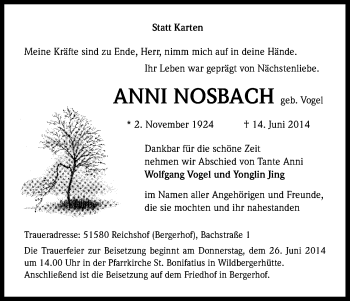 Anzeige von Anni Nosbach von Kölner Stadt-Anzeiger / Kölnische Rundschau / Express