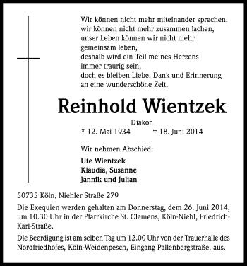 Anzeige von Reinhold Wientzek von Kölner Stadt-Anzeiger / Kölnische Rundschau / Express