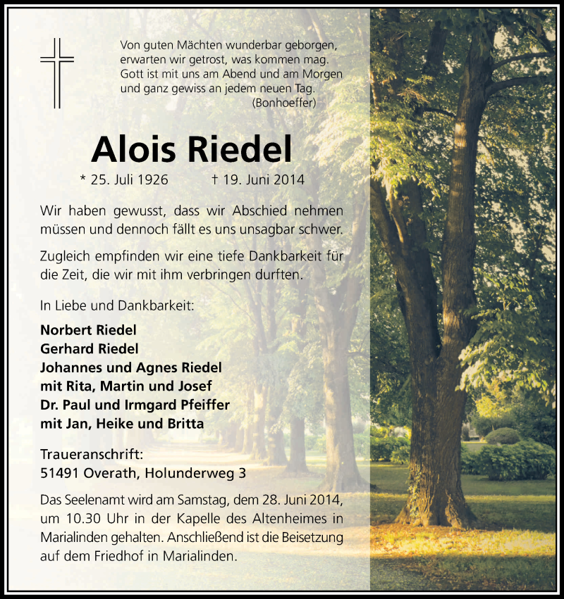  Traueranzeige für Alois Riedel vom 24.06.2014 aus Kölner Stadt-Anzeiger / Kölnische Rundschau / Express