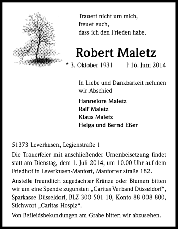 Anzeige von Robert Maletz von Kölner Stadt-Anzeiger / Kölnische Rundschau / Express