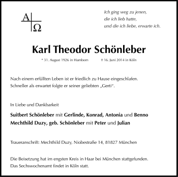 Anzeige von Karl Theodor Schönleber von Kölner Stadt-Anzeiger / Kölnische Rundschau / Express
