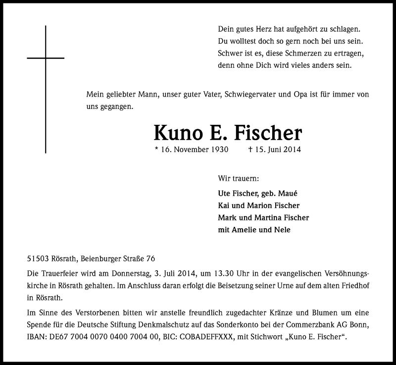 Traueranzeige für Kuno E. Fischer vom 25.06.2014 aus Kölner Stadt-Anzeiger / Kölnische Rundschau / Express