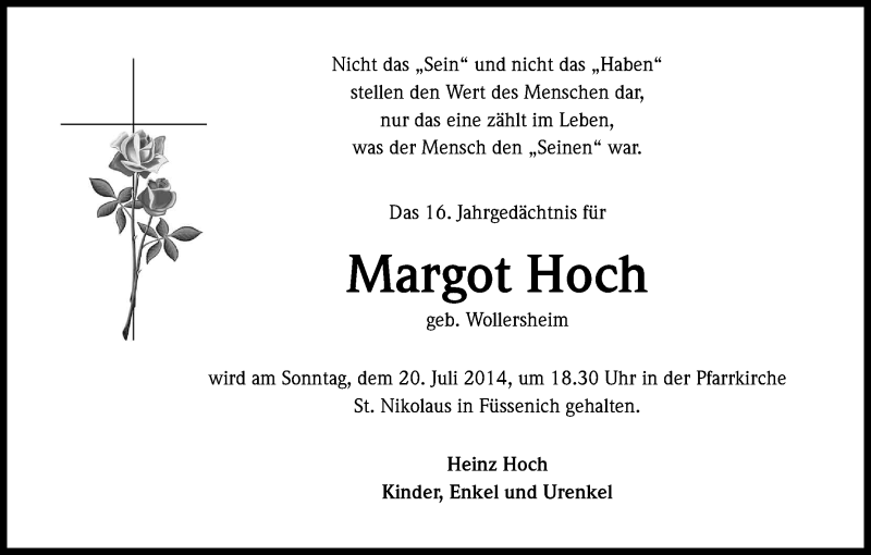  Traueranzeige für Margot Hoch vom 12.07.2014 aus Kölner Stadt-Anzeiger / Kölnische Rundschau / Express