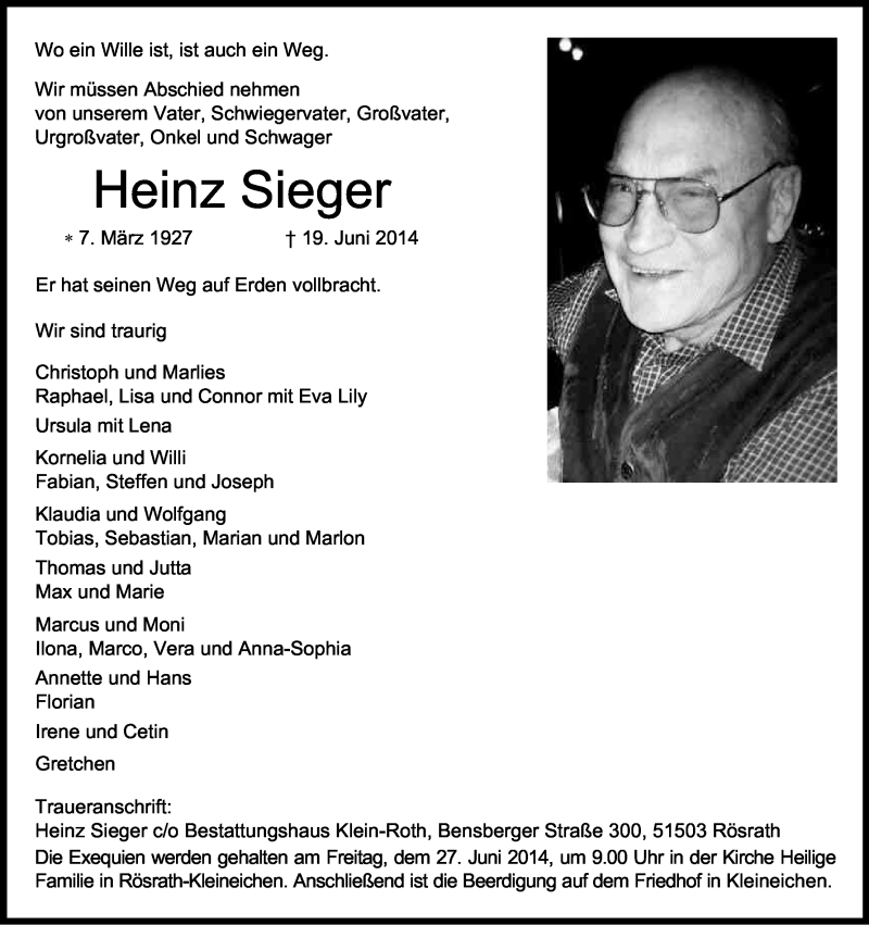  Traueranzeige für Heinz Sieger vom 24.06.2014 aus Kölner Stadt-Anzeiger / Kölnische Rundschau / Express