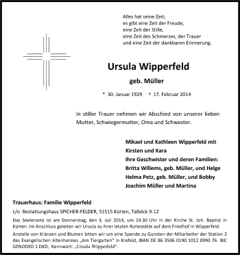 Anzeige von Ursula Wipperfeld von Kölner Stadt-Anzeiger / Kölnische Rundschau / Express